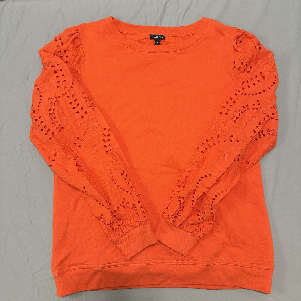 Talbots Woman Eyelet Sleeve Crewneck Sweatshirt Longsleeve Tomato Orange Medium